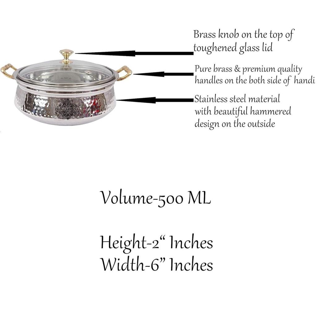Stainless Steel Serving Casserole Handi Bowl with Glass Lid, Hammered Design - 500 ml Volume, Enhance Your Dining Experience