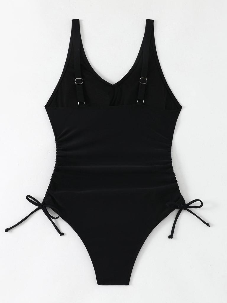 Women's 2026 Solid Color Drawstring Waist One-Piece Swimsuit - New Fashion Trends In Europe and America
