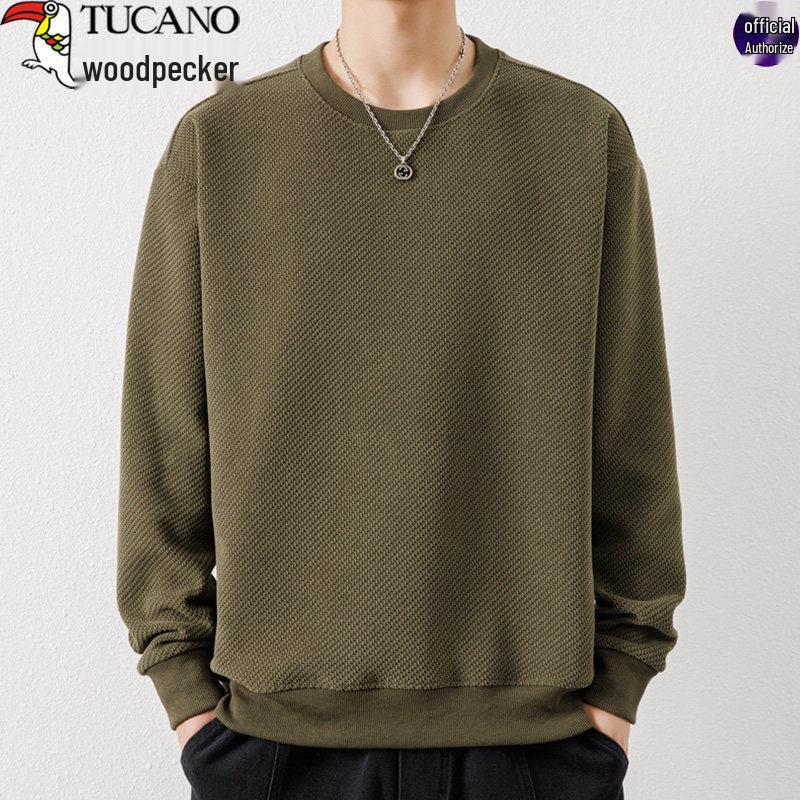 Woodpecker Men's Waffle Knit Long Sleeve T-Shirt - Round Neck, Thick Cotton, Versatile Casual Base Layer for Spring and Autumn