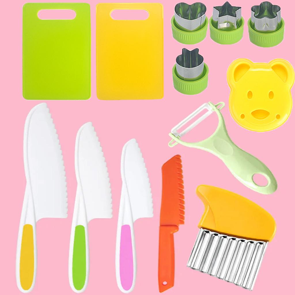 13pcs Montessori Kitchen Tools Cookware Toddlers Safe Knife Set for Real Cooking Kids Knife Cutting Boards Crinkle Cutter Peeler
