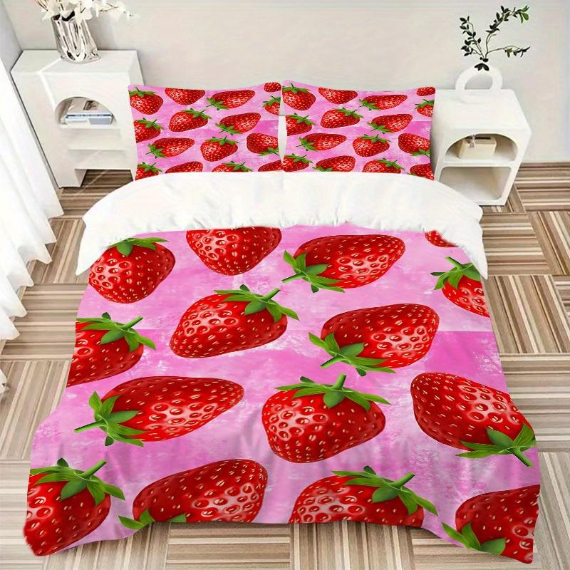 3Pcs Strawberry Pattern Printed Bedding Set, Breathable And Soft, Machine Washable, Christmas Gift, Suitable for Bedroom Decoration, 15180