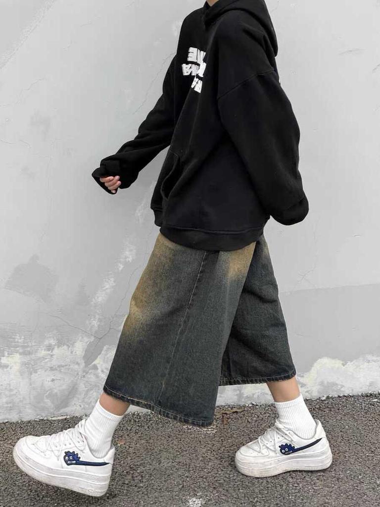 Unisex Retro Washed Wide-Leg Cropped Jeans Shorts