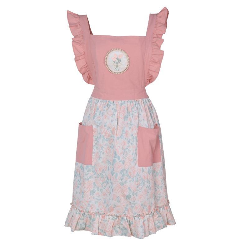 1pcs Cute Floral Cotton Apron for Home Kitchen Stain Resistant Cafe Uniform & Housewear with Adjustable Apron
