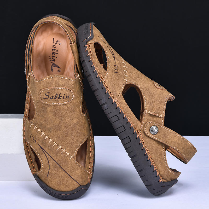 Men Handmade Summer Sandals Breathable Leather Shoes Man Outdoor Men Sandals Antiskid Beach Sandals Hollow Shoes Fashion