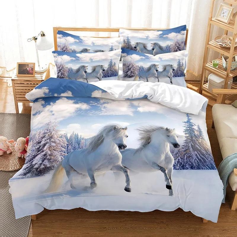 Horse Pattern 3D Digital Printing Three-piece Set, Polished Duvet Set, Animal Single Bedding