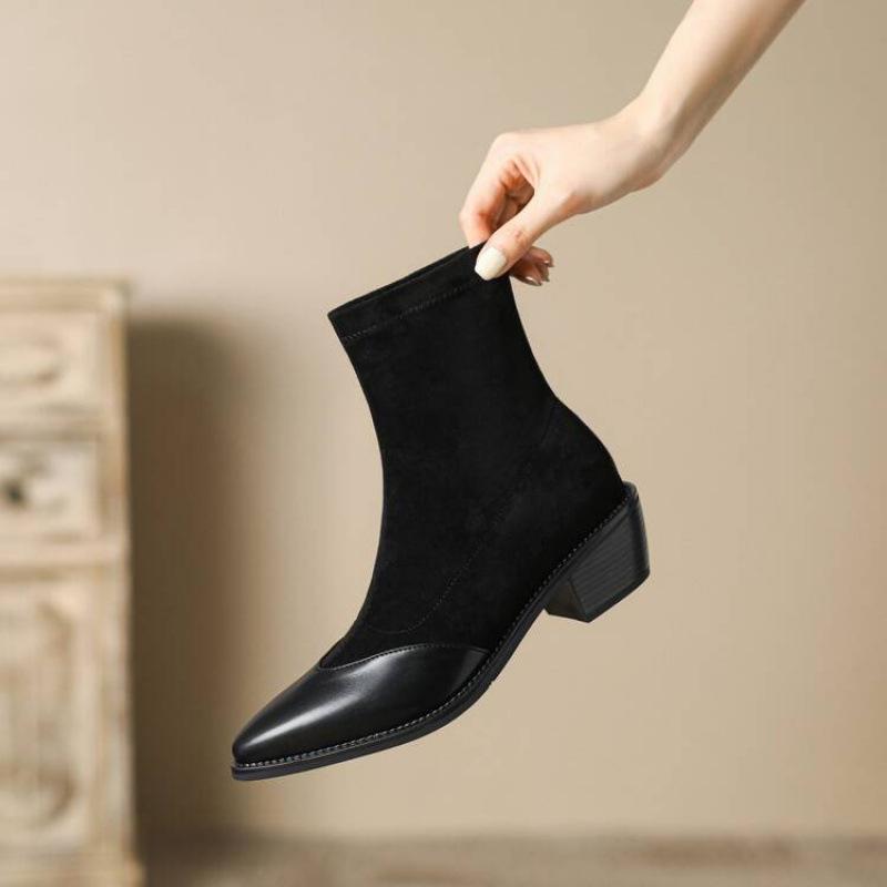 

Autumn and winter suede large size women s boots medium heel pointed sleeve solid color leather boots Korean version square heel comfortable new 39