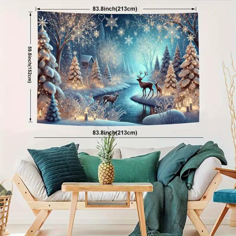 2D Christmas Deer Tapestry, Blue Night Winter Forest Wall Decor for Living Room Bedroom