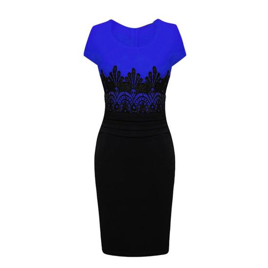 Women Sexy Short Sleeve Lace Patchwork Color Block Knee-length Bodycon Dress