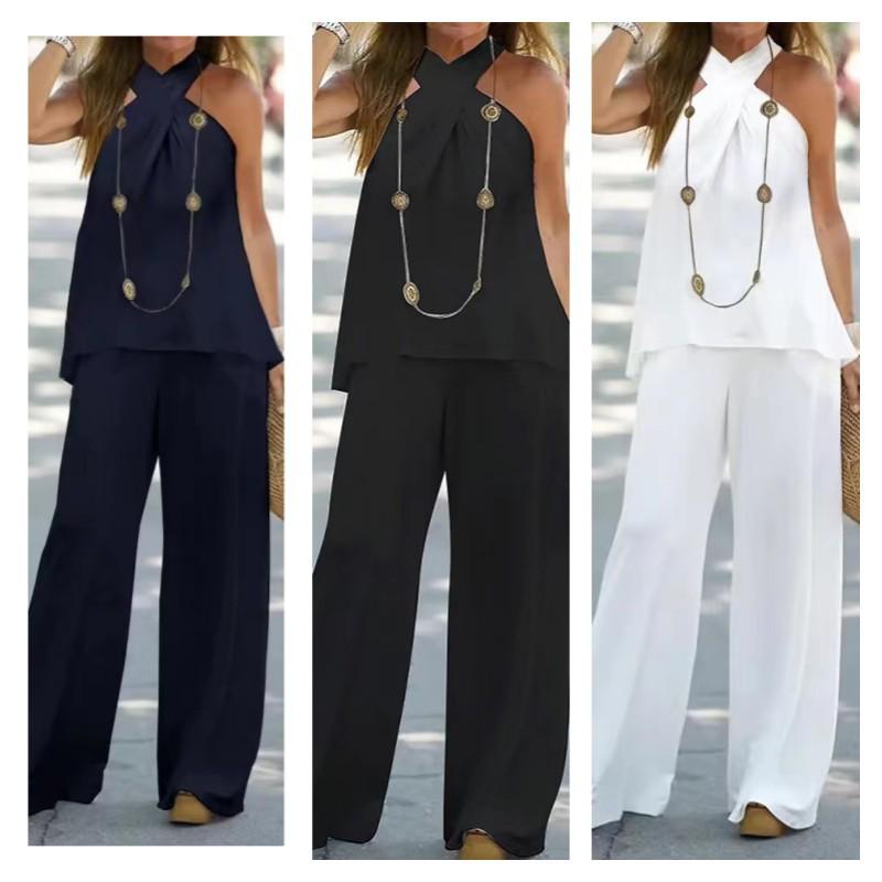 2023 Fashion Women's Halter Two-Piece Set: Solid Color, Sleeveless, Wide-Leg Long Pants