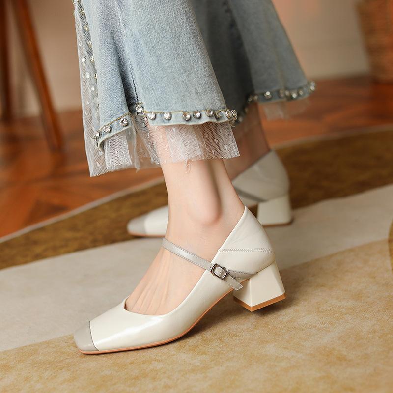 Retro Mary Jane shoes women's head small fragrant style leather thick heel single shoes temperament versatile small leather shoes