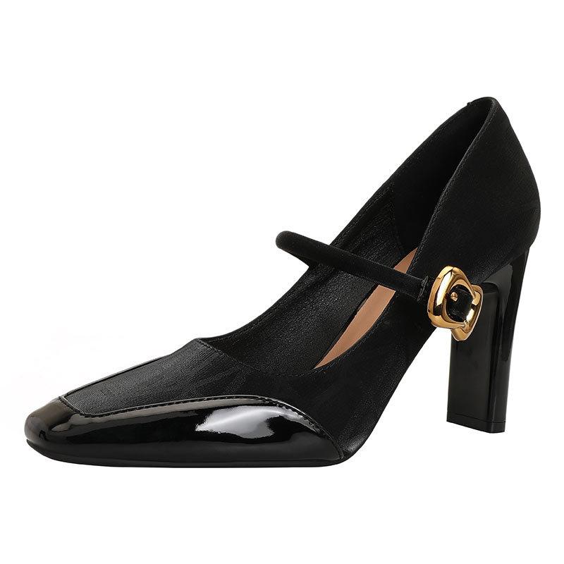 High-heeled Mary Jane shoes with red high heels thick heel sexy new splicing square head single shoes