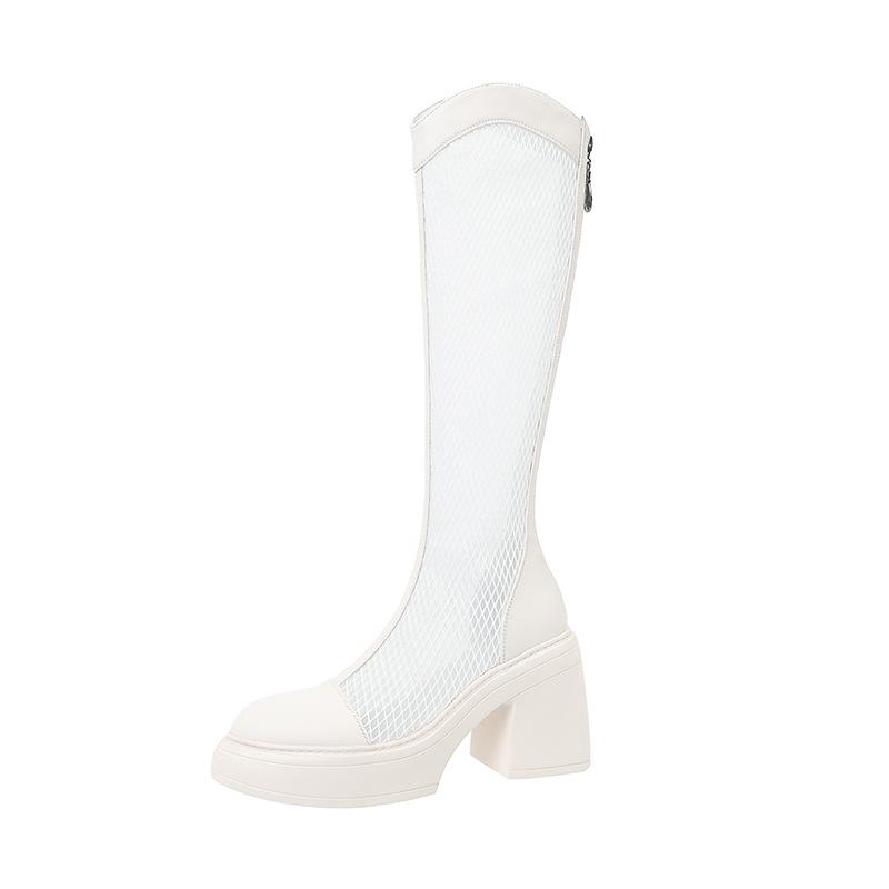 10CM ultra-high heel waterproof leather mesh boots 2025 new thick-soled thick-heeled splicing but knee boots cool boots
