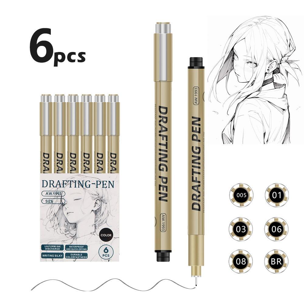 6/9/12 шт. Высококачественная Микронная Тонкая Обводка Ручкой Гладкая Водонепроницаемая Тонкая Линия Черные Чернила Рисовальная Ручка Дизайн Комиксов