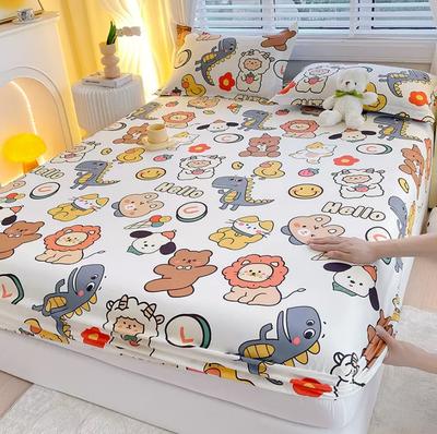 Cartoon Animal Printed Cotton Fitted Bedsheet +2pc Pillowcase Boys Kids Girls Single Double Bed Home Mattress Cover 16 Sizes