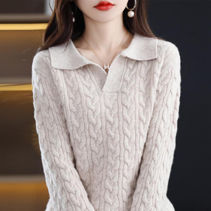 Autumn/Winter 2025 Retro Polo Collar Cashmere Sweater - High-End Knitted Cable Base Layer