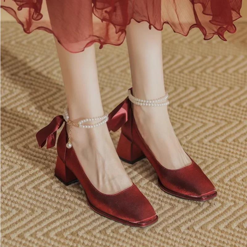 

2024 Новые женские туфли на высоком каблуке Мэри Джейн Удобная обувь для вечеринки Свадебные Белые Красные Рюши Бант Туфли Принцессы Лолиты Размер 40 вино красного