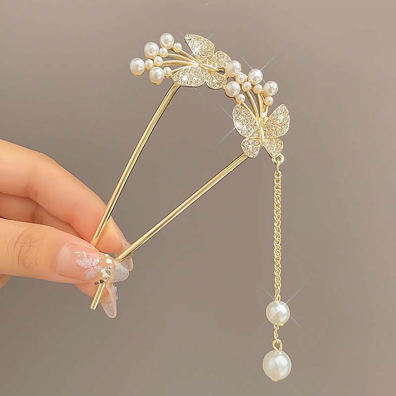 Eleganter Haarkamm im chinesischen Stil mit floralem U-förmigem Design, Quasten-Haarstab, luxuriöses Frisur-Accessoire, Damenschmuck, Haarnadel