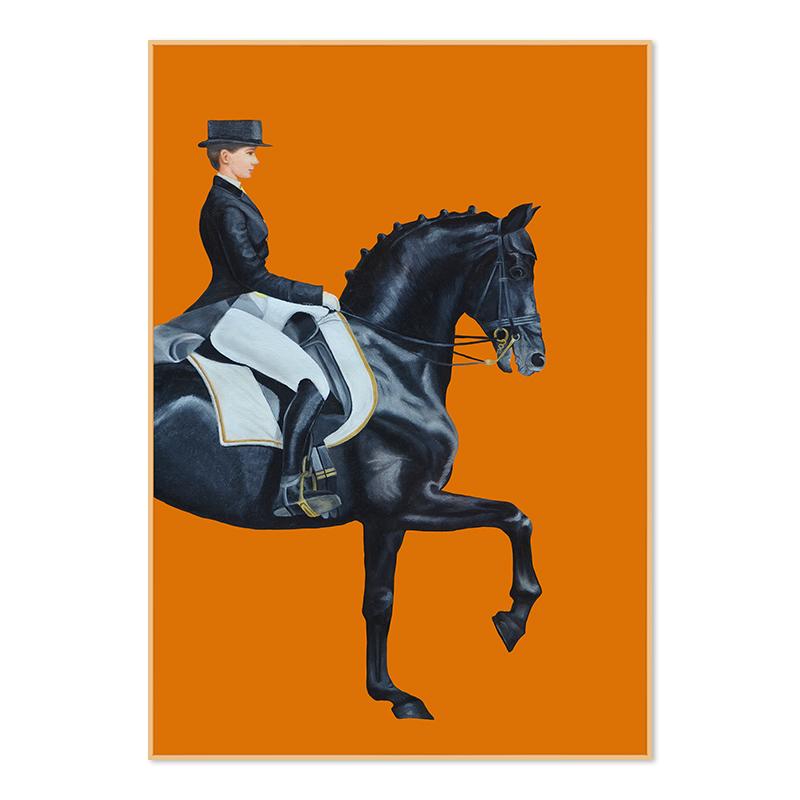 Classic Canvas Painting for Home Decor, Black Horse, Orange Horse, Racing, Wall Art, Riding Woman Pictures, Living Room