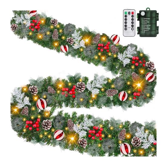 9 FT Christmas Garland with Lights 50 LED Lights 8 Modes Lighted Artificial Pine Garland with Pine Cones Red Berries for Mantel Fireplace Home Decor