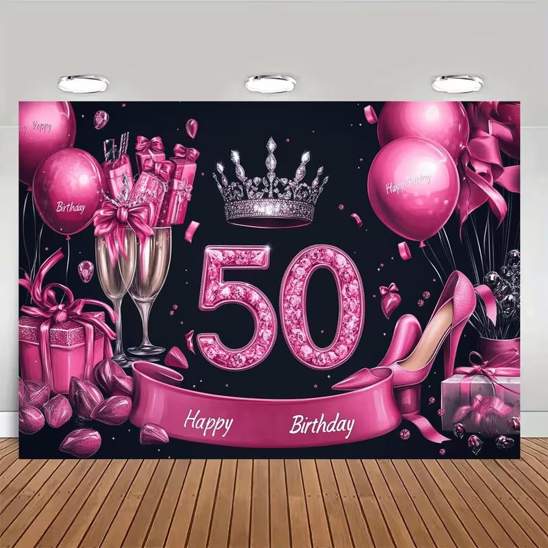 2D Glam Black Pink 50th Happy Birthday Photography Backdrop with Heels & Gifts