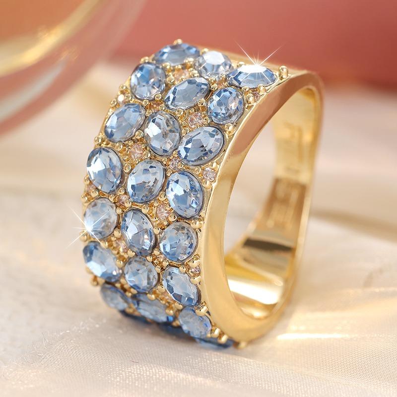 Elegant Inlaid Sea Blue CZ Women's Ring Luxury Gold Color Geometry Daily Wear Party Jewelry Anniversary Gift