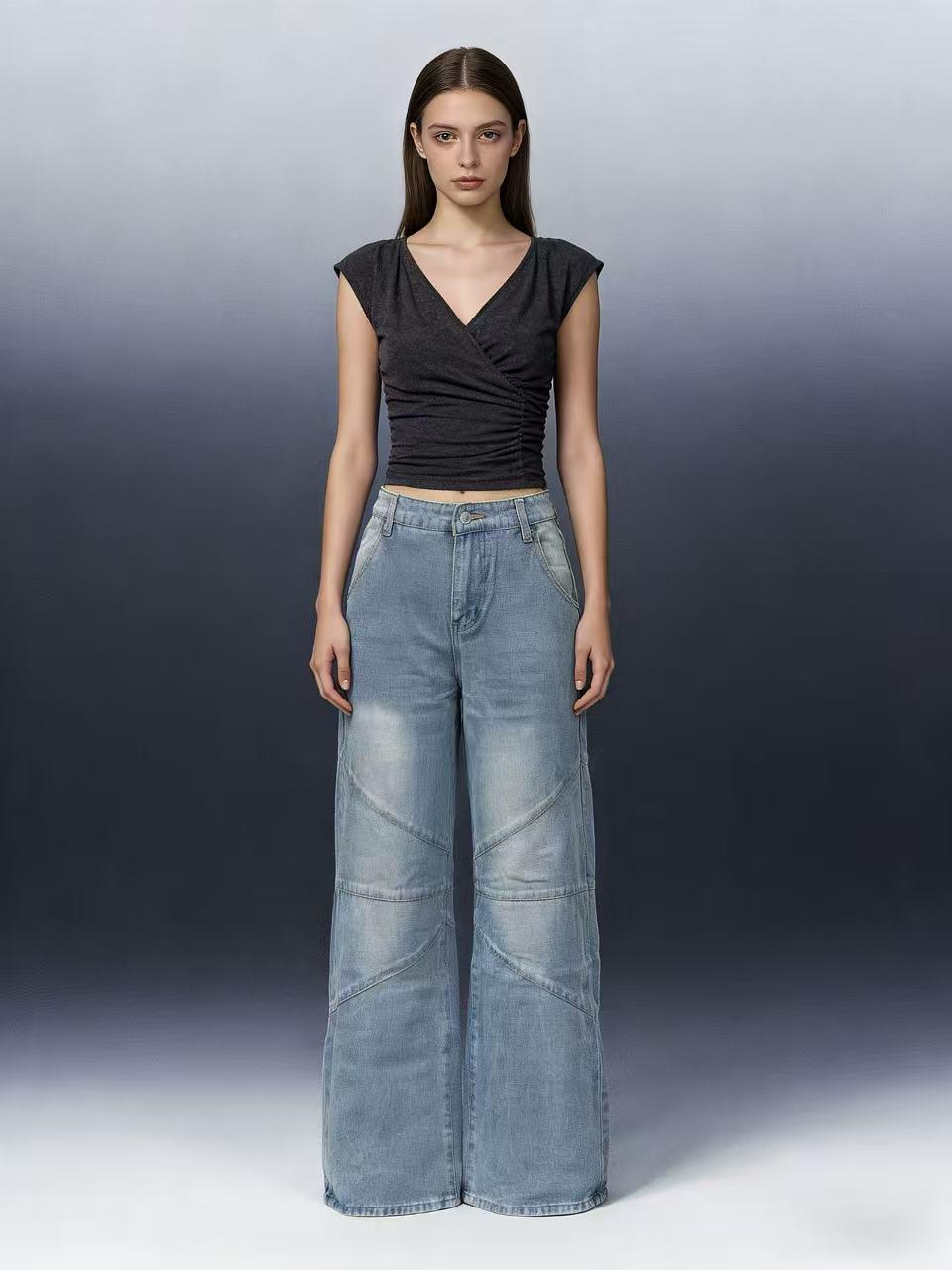 

European Style Patchwork Pleated Washed Straight-Leg Distressed Denim Jeans for Women Extra Large светло-синий