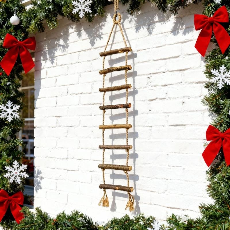 2Pcs Handmade Wooden Ladder Hanging Ornament with Twine Rope for Indoor and Outdoor Christmas Festival Decoration
