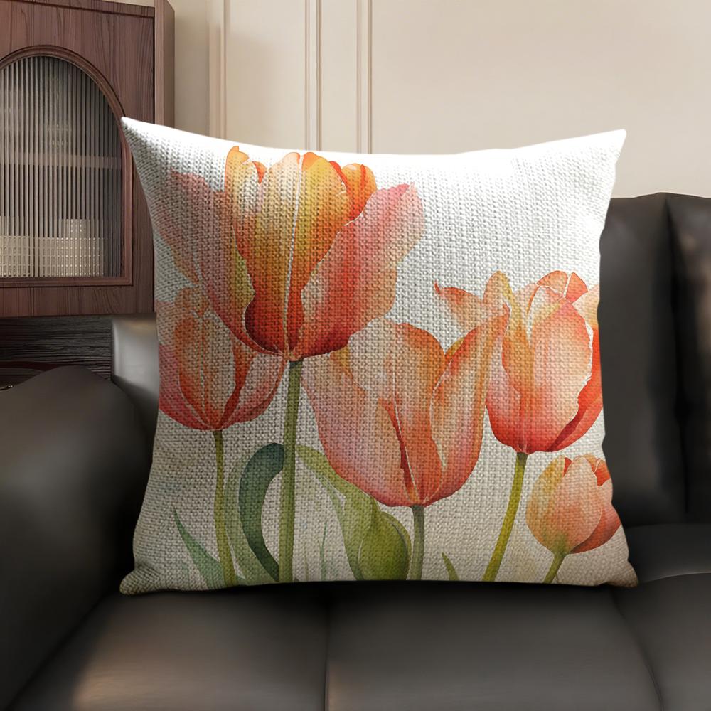 Watercolor Tulip Painting Cushion Cover Natural Linen Organic Fabric DoubleSided Printing Sofa Home Decor Gift Pillow Case