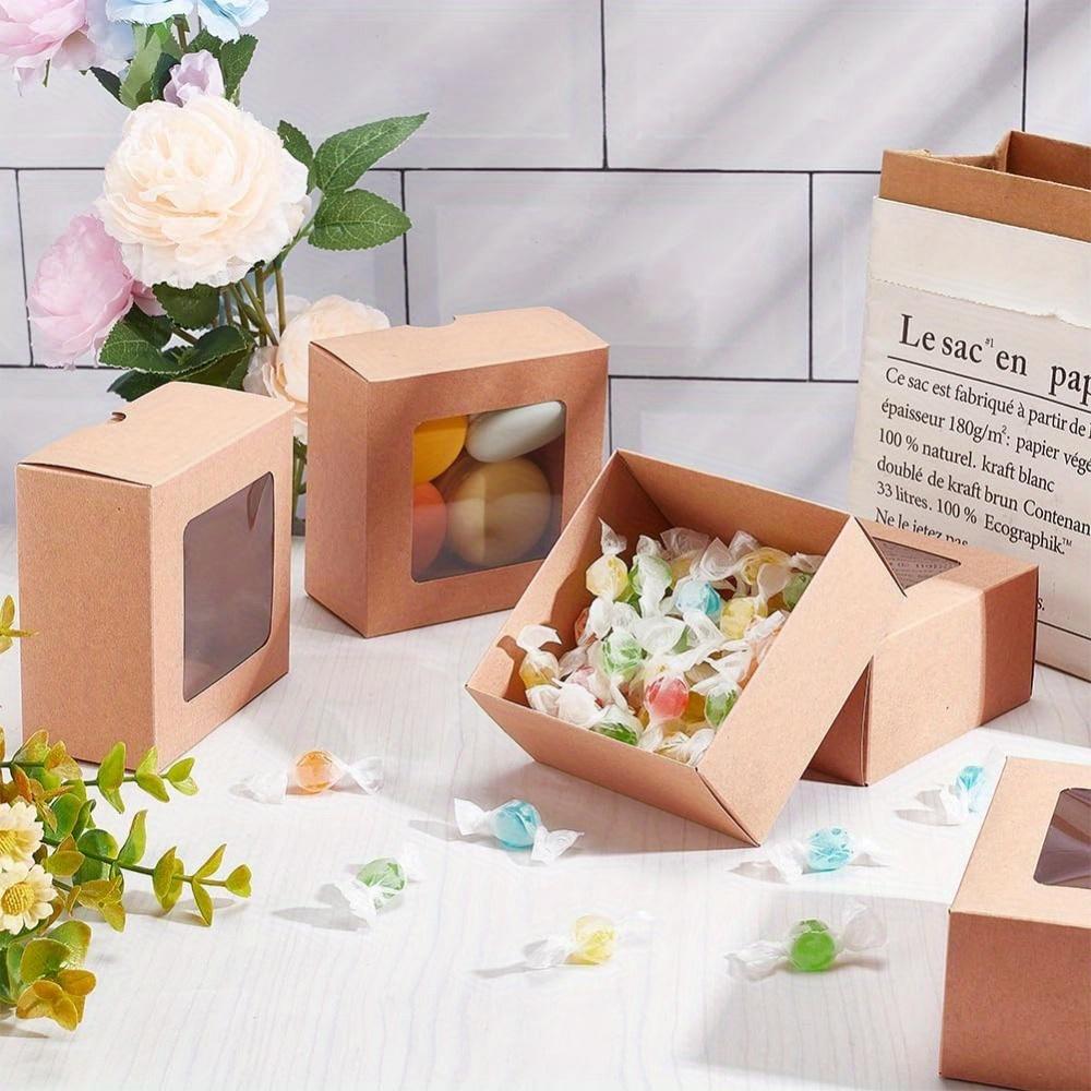 12pcs Folding Kraft Paper Cardboard Jewelry Gift Boxes with PVC Visible Window Square Khaki Color Storing Box