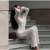Knit Slim Round Neck Hollow Out Women Dress Summer Solid Soft Long Sleeves Lady Robe