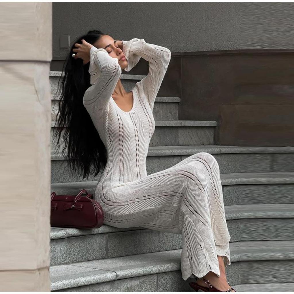 Knit Slim Round Neck Hollow Out Women Dress Summer Solid Soft Long Sleeves Lady Robe