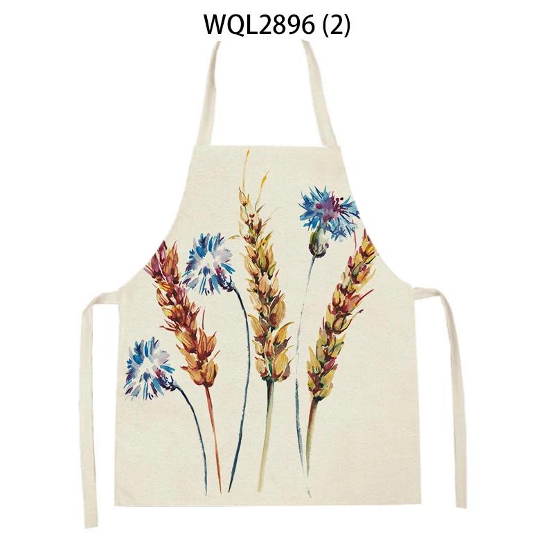 Plants Printed Kitchen Aprons Men Women Cooking Cleaning Aprons Wheat Flowers Pattern Linen Waist Apron Baking Accessories