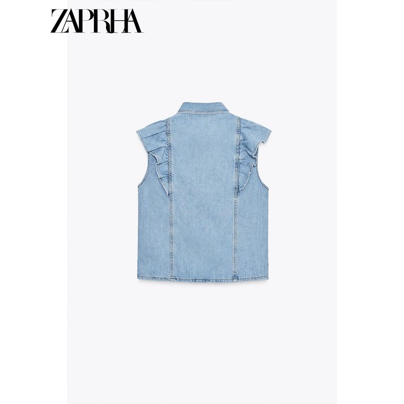 Zaprha 2025 Summer New Frill Laminated Denim Small Flying Sleeve Lapel Sleeveless Shirts 9942155