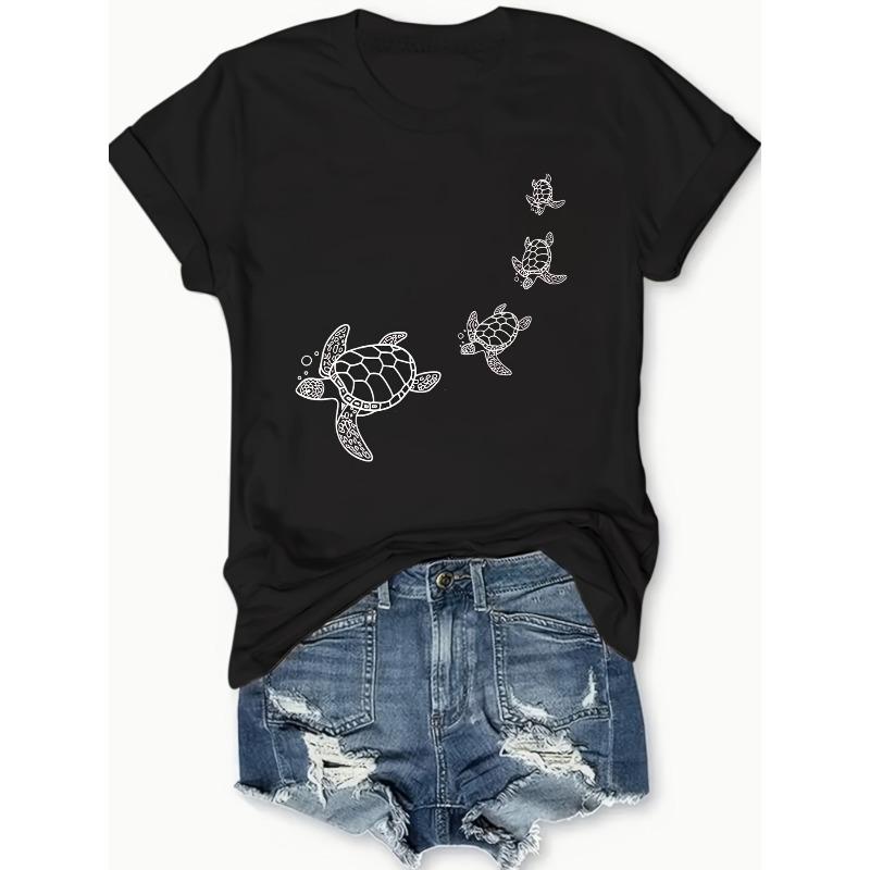 European Size Women'S Chic Turtle Print T-Shirt Comfortable Fashion Casual Short Sleeve Round Neck Daily Wear Top