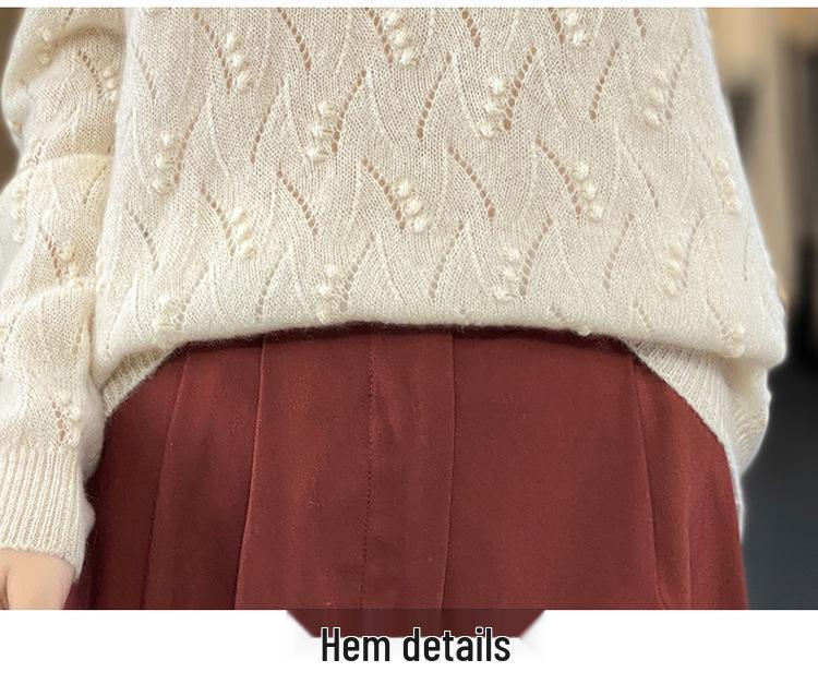2023 Early Autumn Women's Round Neck Solid Loose Knit Hollow Wool Sweater Top