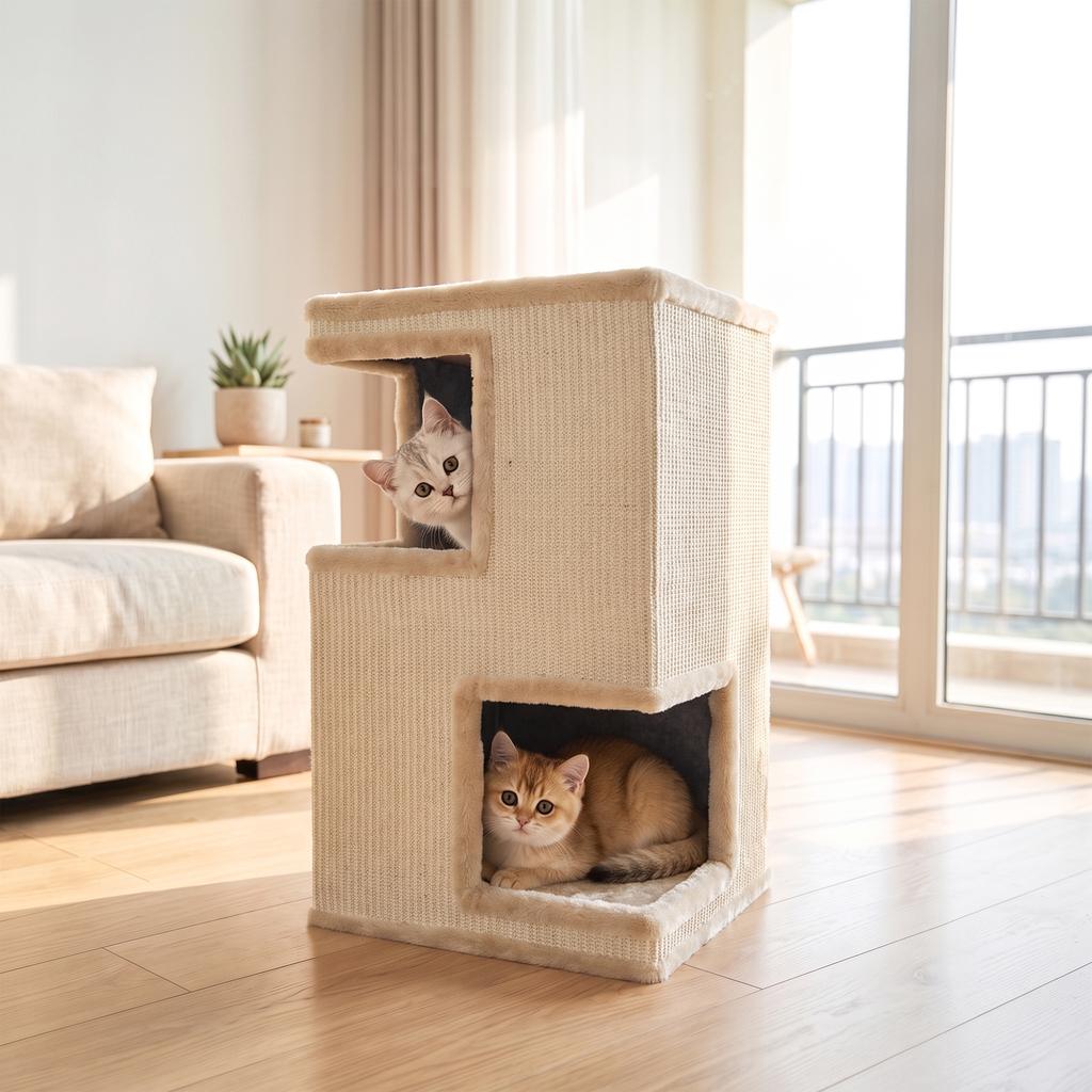 3-Tier Indoor Cat Barrel, Semi-Enclosed Cat Cave with Scratching Surfaces All Around, 2 Cat Caves