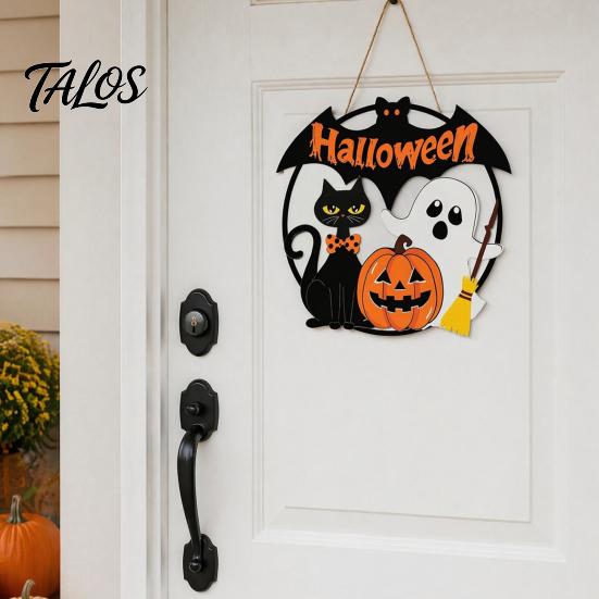 Durable Holiday Party Supplies Halloween Wood Hanging Ornament with Ghost Pumpkin Bat Cat Prints, Childlike Scary Decor Waterproof Front Door Sign for
