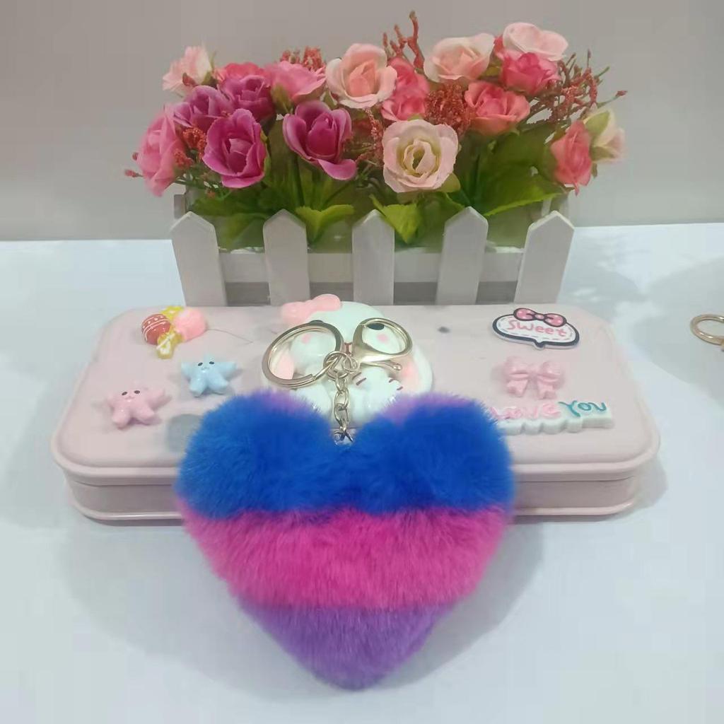 Multicolor Rainbow Heart Keychain: Faux Rabbit Fur Bag Charm & Car Accessory