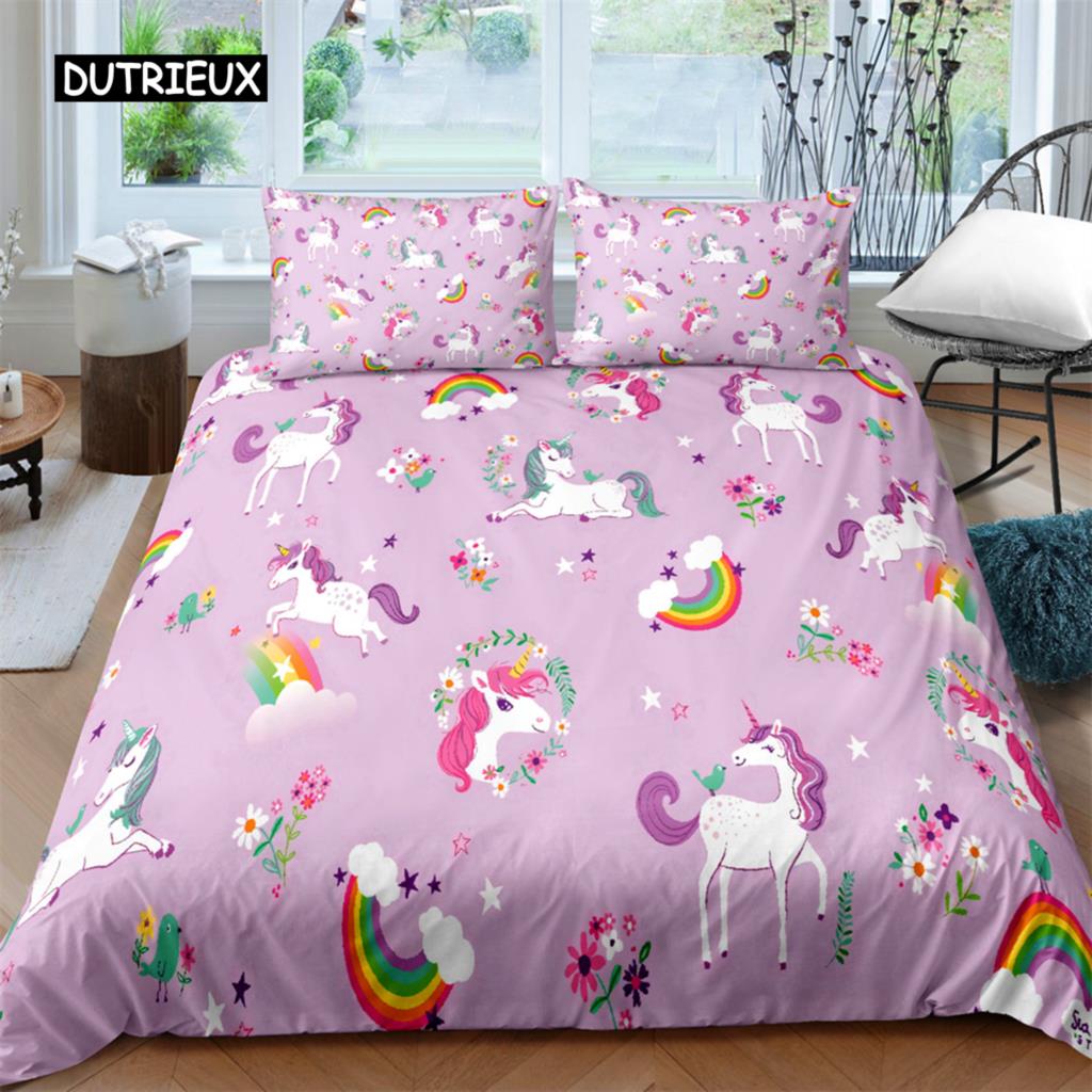 Husă de plapumă Rege Regină Unicorn Desen animat Animal Curcubeu Univers Set de lenjerie de pat pentru copii Adolescenți Cosmic Cer înstelat Poliester Husă de plapumă