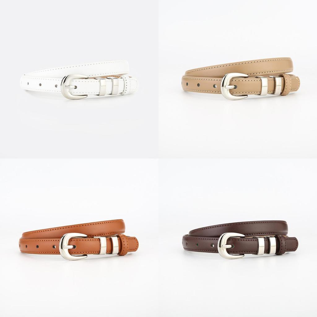 Womens True Leather Slim Belt With Metal Buckle For Casual Office Wear