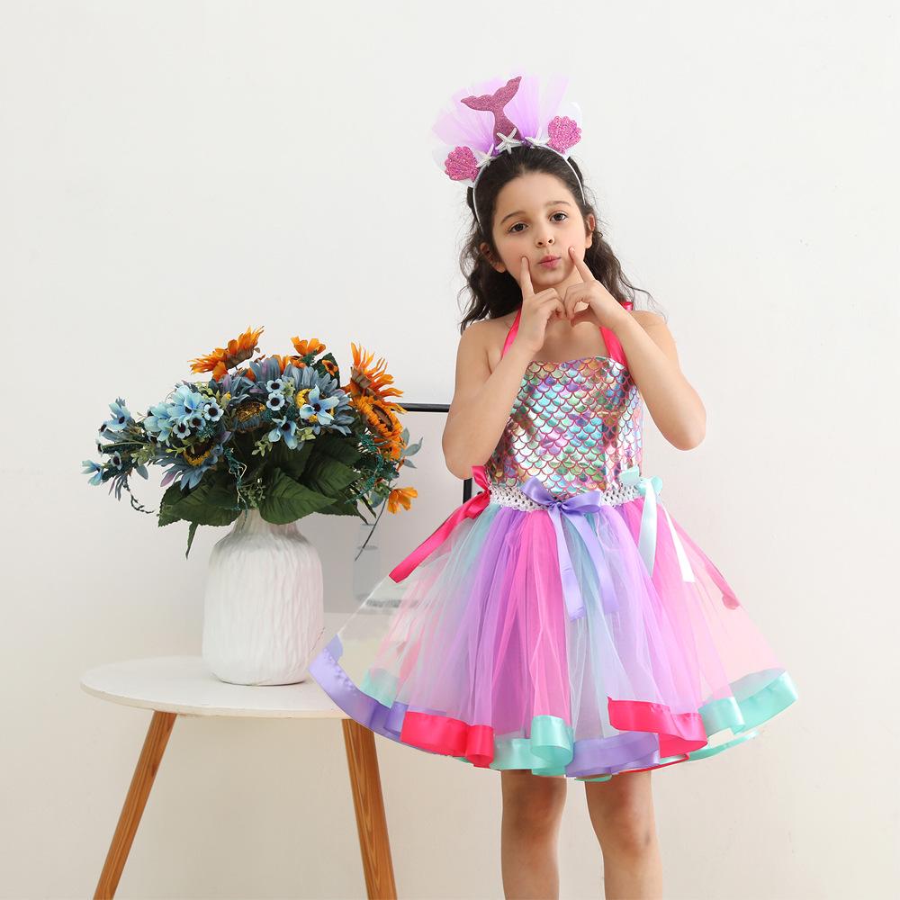 Abito Coda di Sirena Europeo & Americano con Copricapo - Tuta Elegante in Rete per Bambina con Fodera Interna