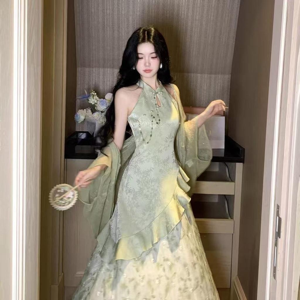 New Chinese summer national style improved cheongsam dress cardigan two-piece set atmosphere wear beautiful long skirt