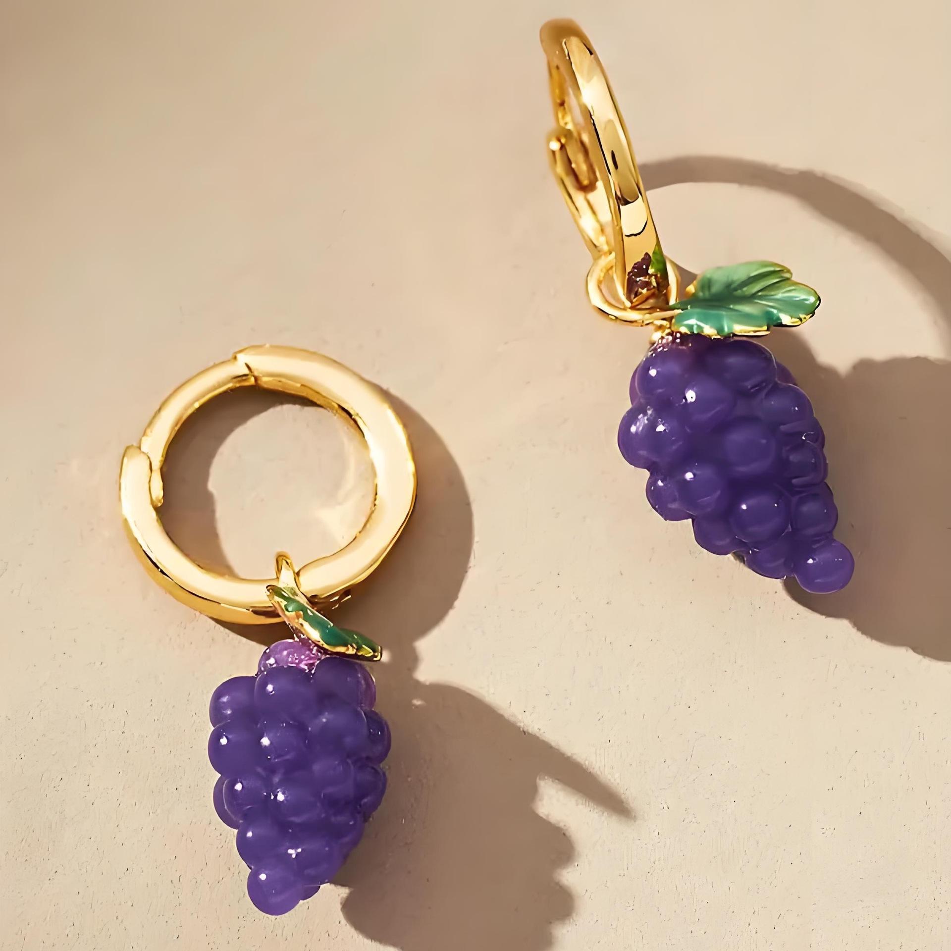 Gold-Plated Autumn Fruit Earrings - Blueberry, Grape, Watermelon Style in Copper, European/American Fashion, Color-Retention Design.