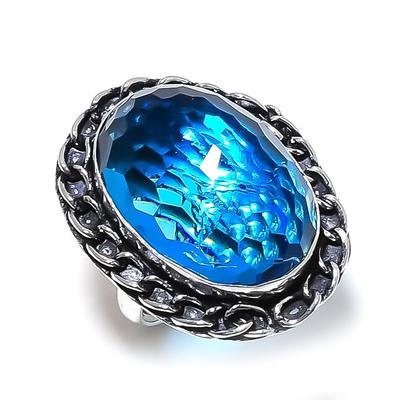 Natural Blue Topaz Gemstone Handmade 925 Sterling Silver Gift Ring Size 7.5 e2V58