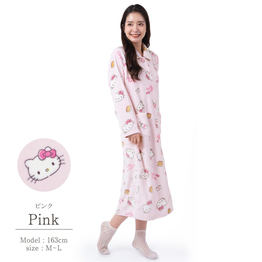 Hello Kitty Nightgown Flannel Loungewear Pink Ribbon Hello Kitty [SAZAC] One-piece Women's Button-down (Pink/ML/SAN1747)