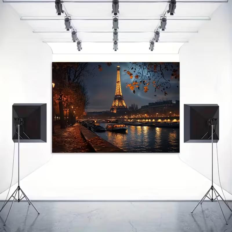 2D Eiffel Tower Backdrop, Paris Seine River Night Photography Background