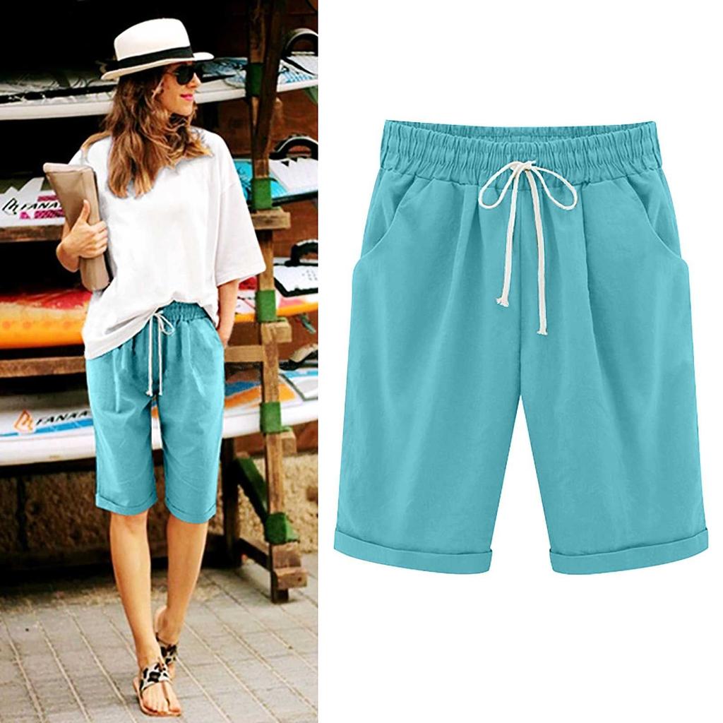 Women's Casual Loose Beach Pants Solid Color Loose Casual Fifth Pants Pockets Linen Shorts
