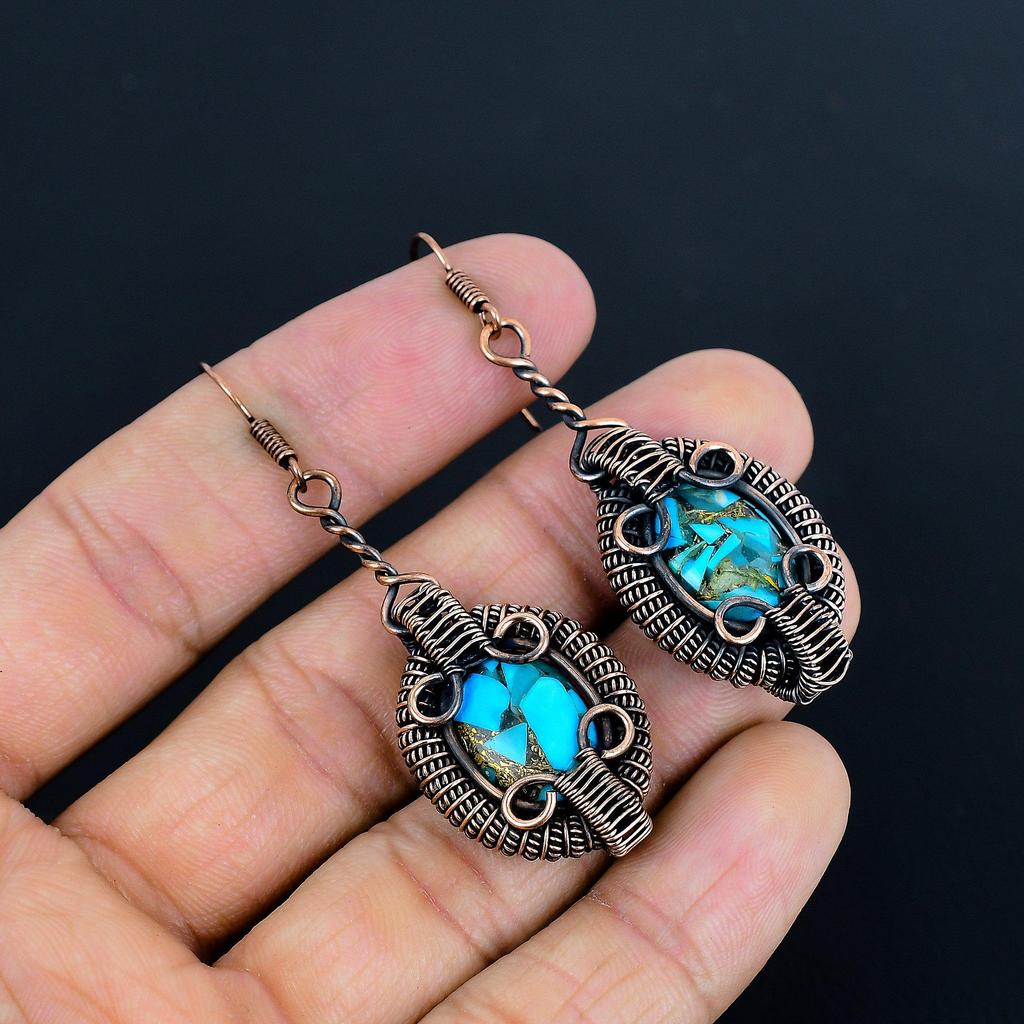 Blue Copper Turquoise Handmade Gemstone Earrings,999 Copper Wire Wrapped Earrings Antique Jewelry, For Engagement Gift