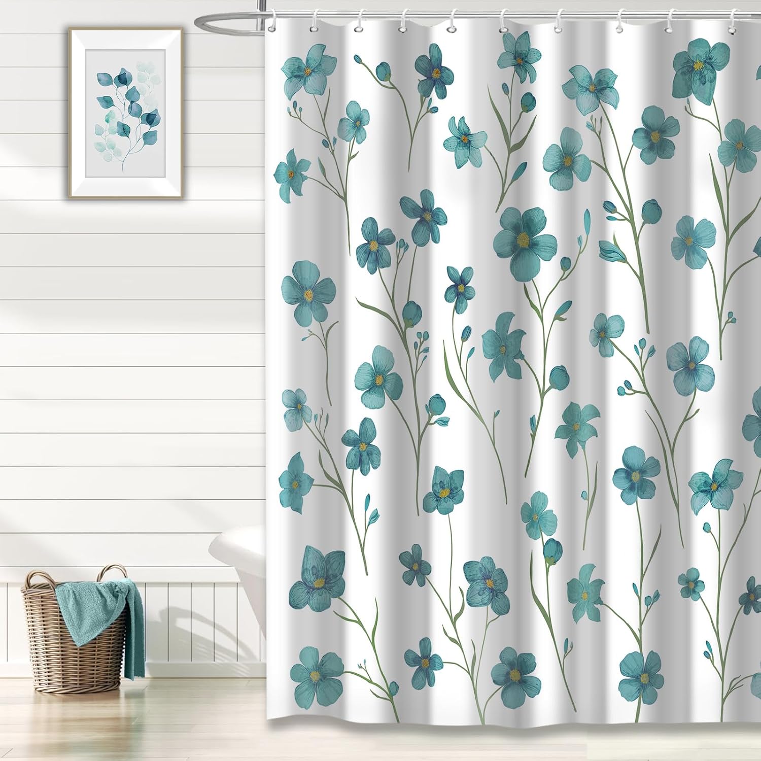 

Blue Floral Shower Curtain, Navy Spring Flower Watercolor Modern Printed Bathroom Curtains With 12 Hooks, 72 X 72 Inches W60H190(CM)-1 Pcs