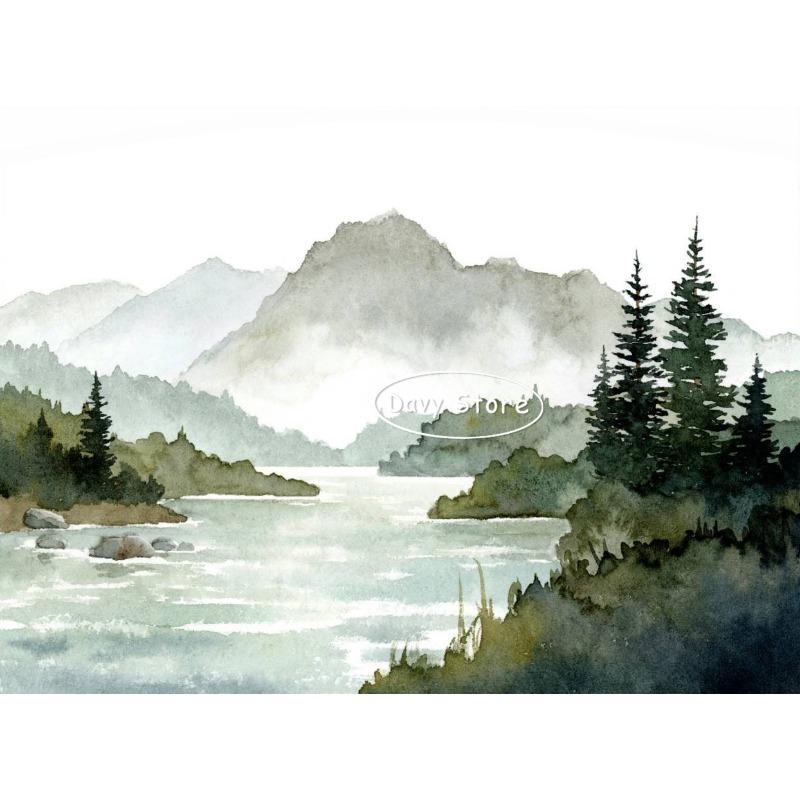 Misty Forest Mountain Lake River Watercolor Landscape Neutral Poster Canvas Printing Minimalist Wall Art Picture Home Room Decor